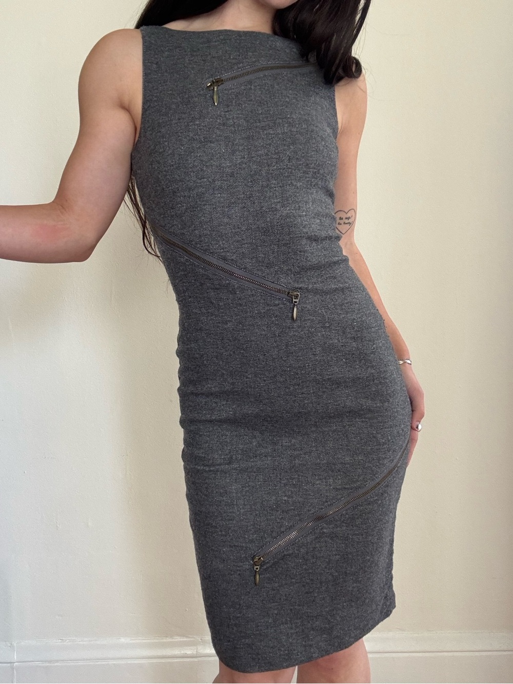 Alexander McQueen bodycon zipper dress grey linen wool blend 38 XS
